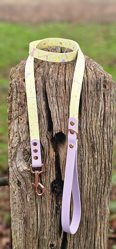 Waterproof Pastel Splatter Collection - Lemon &amp; Lilac BioThane Dog Lead