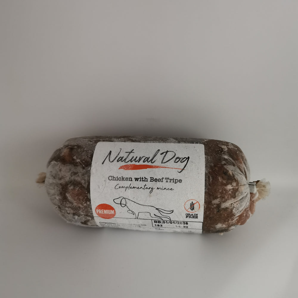 Natural Dog Chicken with Beef Tripe  Mince 80-10-10 Chub 500g